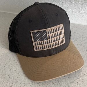 Columbia Black Mesh Tan Bill Trucker Hat with Tree USA Flag Patch